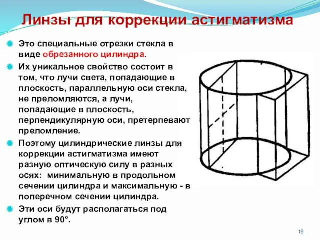 Линзы для коррекции астигматизма Это специальные отрезки стекла в виде обрезанного цилиндра. Их