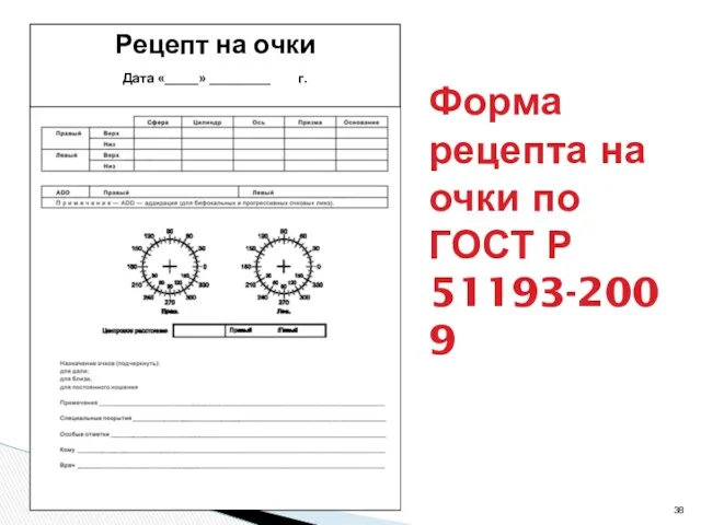 Форма рецепта на очки по ГОСТ Р 51193-2009 Рецепт на очки Дата «_____» _________ г.