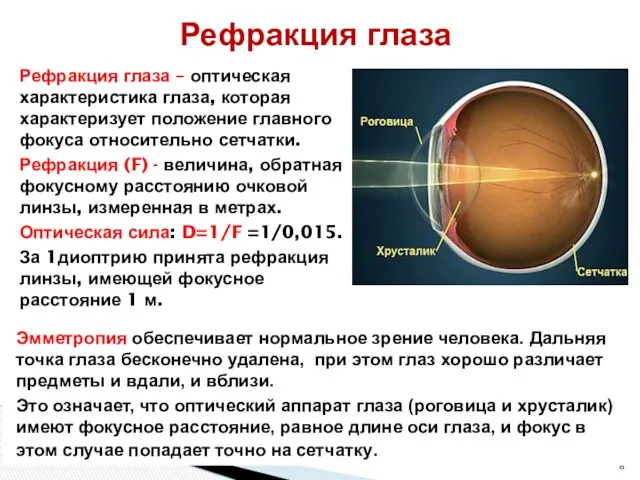 Рефракция глаза – оптическая характеристика глаза, которая характеризует положение главного фокуса относительно сетчатки.