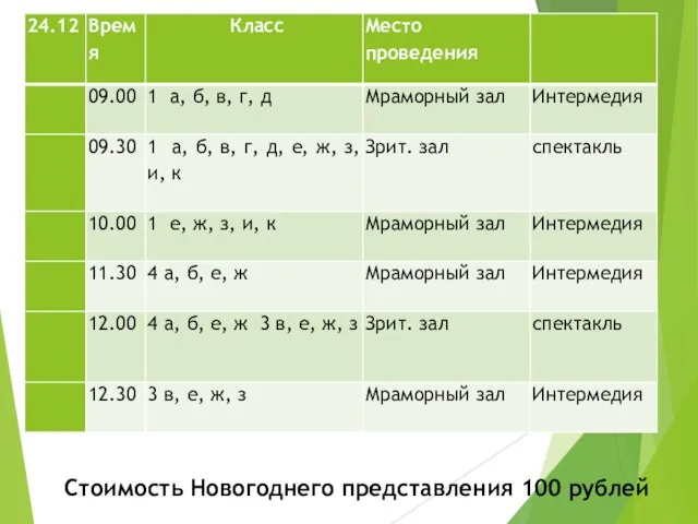 Стоимость Новогоднего представления 100 рублей