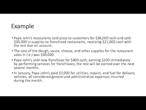 Example Papa John’s restaurants sold pizza to customers for $36,000