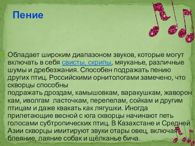 Обладает широким диапазоном звуков, которые могут включать в себя свисты,