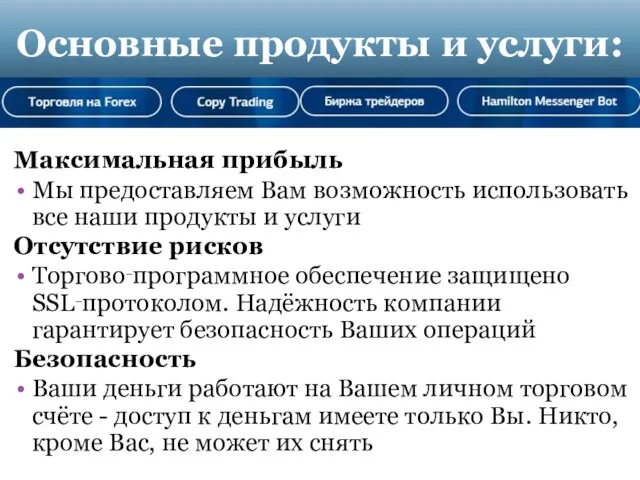 Основные продукты и услуги: Максимальная прибыль Мы предоставляем Вам возможность