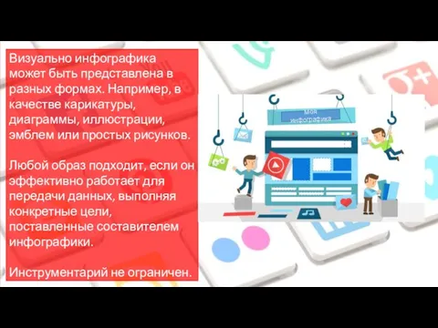 Визуально инфографика может быть представлена в разных формах. Например, в