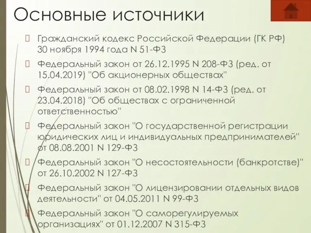 Основные источники Гражданский кодекс Российской Федерации (ГК РФ) 30 ноября