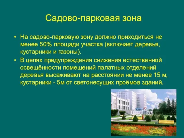 Садово-парковая зона На садово-парковую зону должно приходиться не менее 50% площади участка (включает
