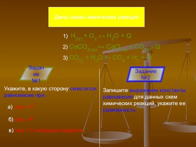 Даны схемы химических реакций 1) Н2(г) + О2 ↔ Н2О