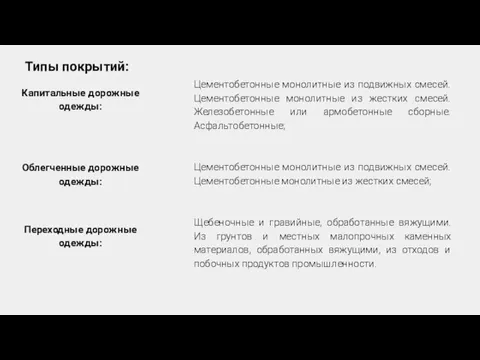 Типы покрытий: Капитальные дорожные одежды: Облегченные дорожные одежды: Переходные дорожные