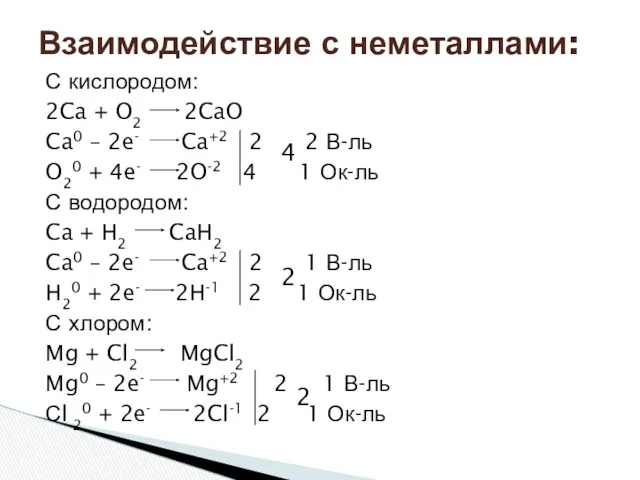 С кислородом: 2Ca + O2 2CaO Ca0 – 2e- Ca+2