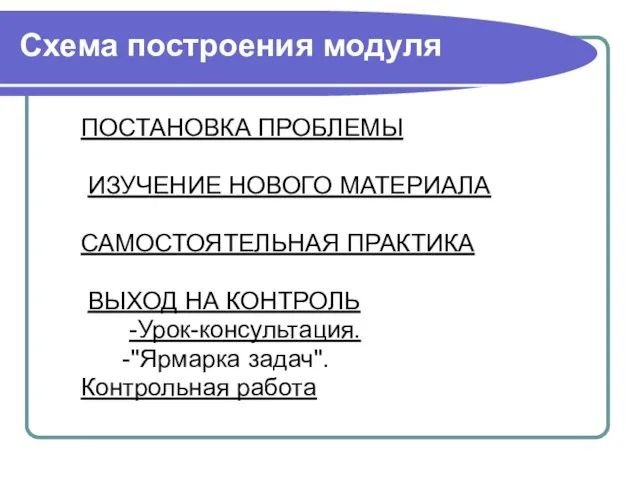 Схема построения модуля ПОСТАНОВКА ПРОБЛЕМЫ ИЗУЧЕНИЕ НОВОГО МАТЕРИАЛА САМОСТОЯТЕЛЬНАЯ ПРАКТИКА