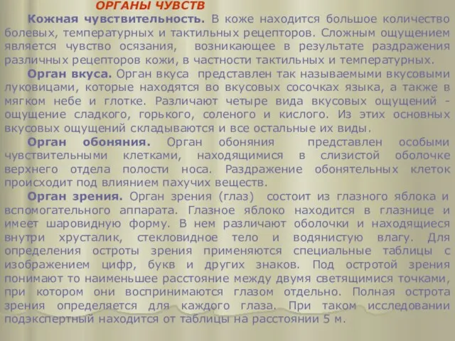 ОРГАНЫ ЧУВСТВ Кожная чувствительность. В коже находится большое количество болевых,