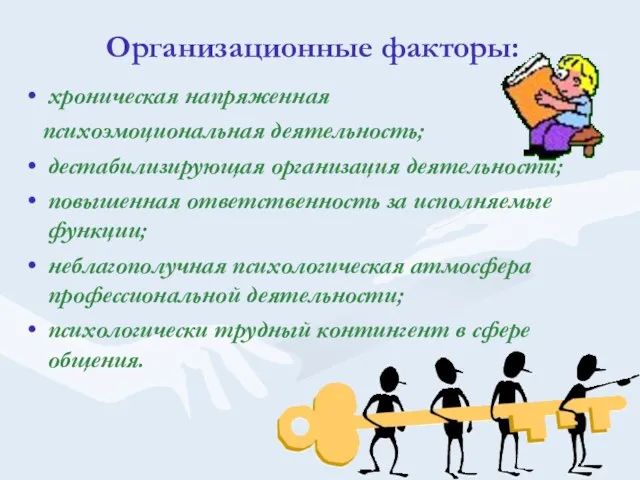 Организационные факторы: хроническая напряженная психоэмоциональная деятельность; дестабилизирующая организация деятельности; повышенная