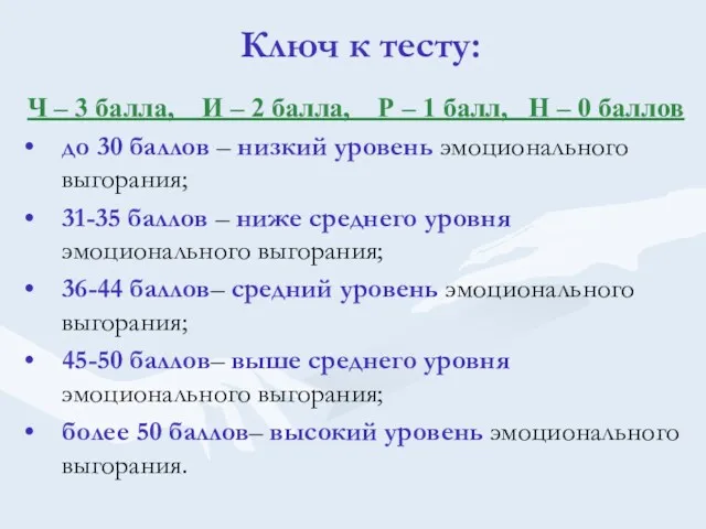 Ключ к тесту: Ч – 3 балла, И – 2