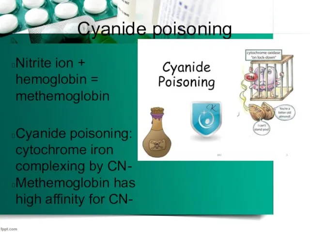 Cyanide poisoning Nitrite ion + hemoglobin = methemoglobin Cyanide poisoning:
