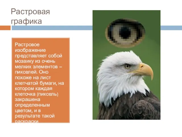 Растровая графика Растровое изображение представляет собой мозаику из очень мелких