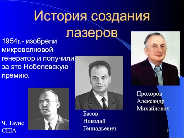 История создания лазеров 1954г.- изобрели микроволновой генератор и получили за