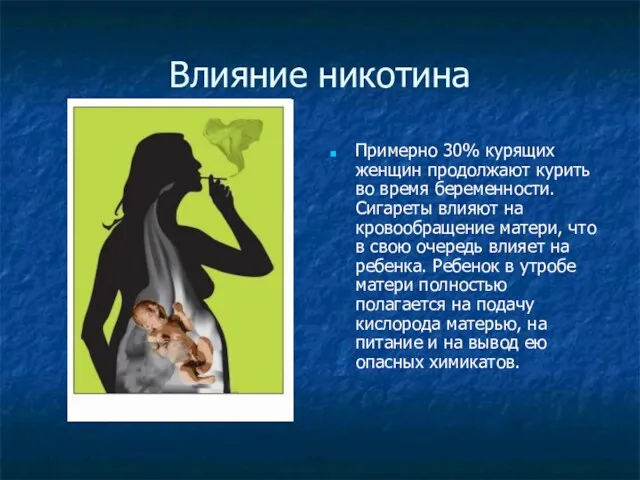 Влияние никотина Примерно 30% курящих женщин продолжают курить во время