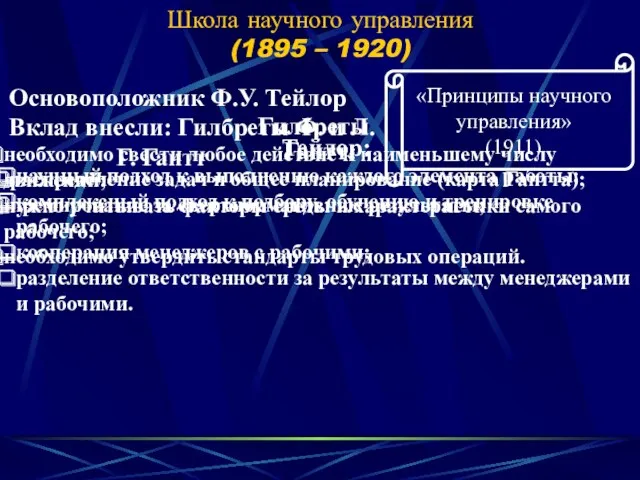 Школа научного управления (1895 – 1920) Основоположник Ф.У. Тейлор Вклад