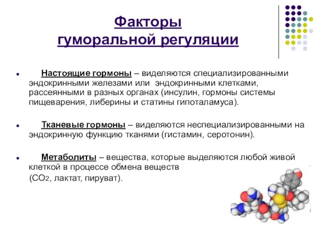 Факторы гуморальной регуляции Настоящие гормоны – виделяются специализированными эндокринными железами