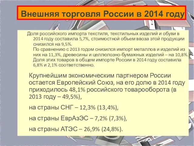 Внешняя торговля России в 2014 году Доля российского импорта текстиля,
