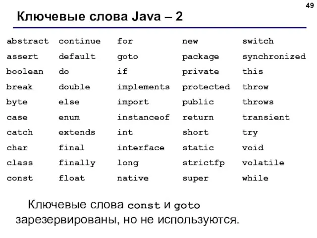 Ключевые слова Java – 2 Ключевые слова const и goto зарезервированы, но не используются.