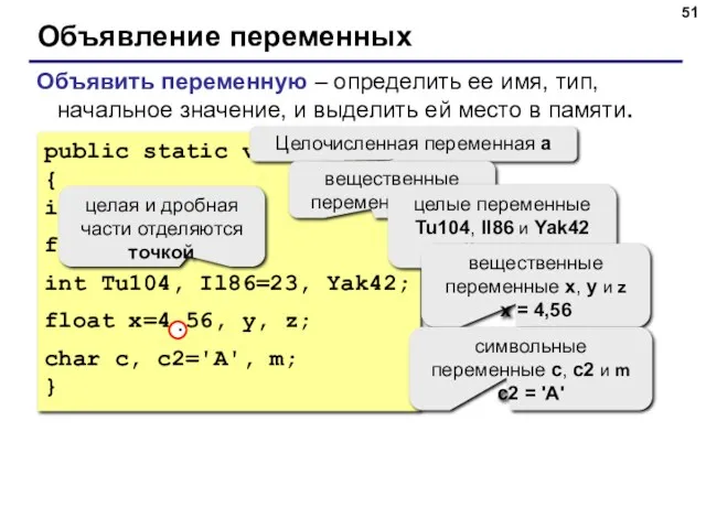 Объявление переменных Объявить переменную – определить ее имя, тип, начальное