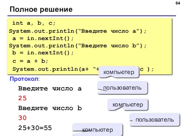 Полное решение int a, b, c; System.out.println(“Введите число а”); a