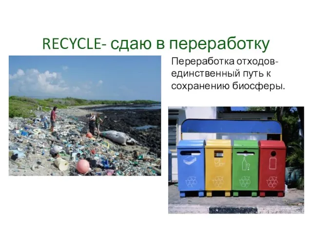 RECYCLE- сдаю в переработку Переработка отходов-единственный путь к сохранению биосферы.