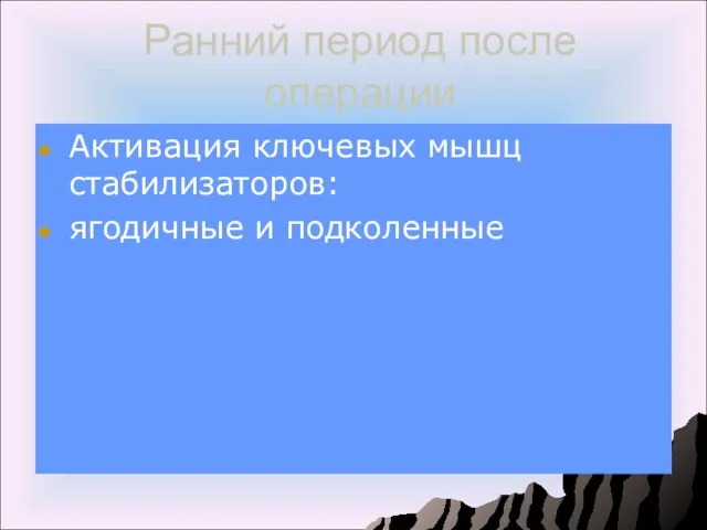 Ранний период после операции Активация ключевых мышц стабилизаторов: ягодичные и подколенные