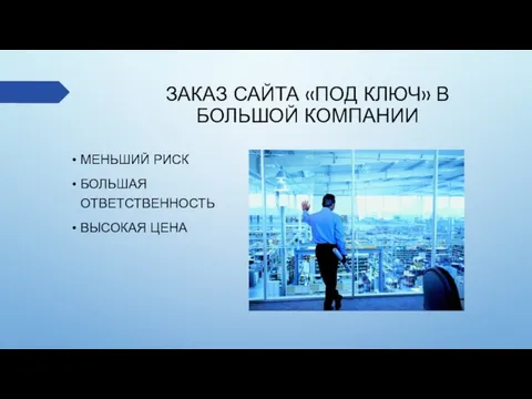 ЗАКАЗ САЙТА «ПОД КЛЮЧ» В БОЛЬШОЙ КОМПАНИИ МЕНЬШИЙ РИСК БОЛЬШАЯ ОТВЕТСТВЕННОСТЬ ВЫСОКАЯ ЦЕНА