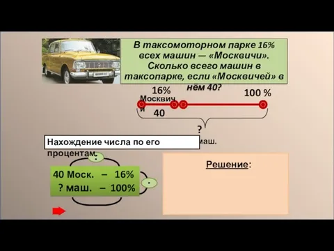 В таксомоторном парке 16% всех машин — «Москвичи». Сколько всего машин в таксопарке,