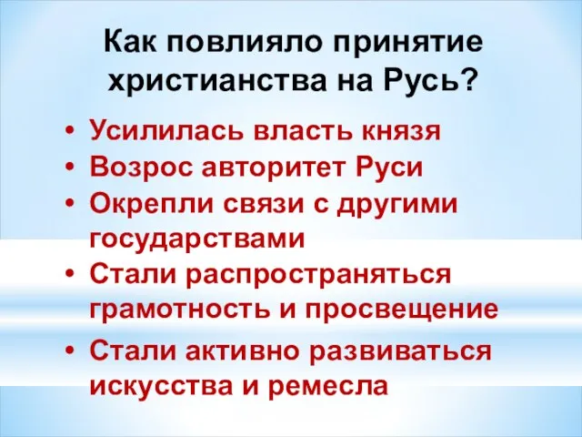 Как повлияло принятие христианства на Русь? Усилилась власть князя Возрос авторитет Руси Окрепли