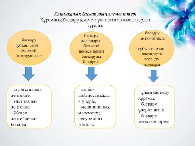 Клиникалық басқарудың элементтері Құрамдық басқару қызметі үш негізгі элементтерден тұрады.