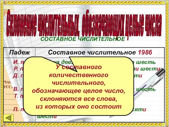 Склонение числительных, обозначающих целые числа СОСТАВНОЕ ЧИСЛИТЕЛЬНОЕ У составного количественного