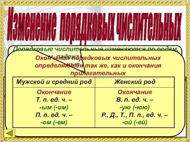 Изменение порядковых числительных Порядковые числительные изменяются по родам, числам, падежам.