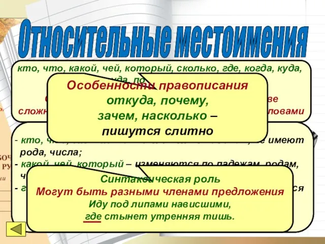 Относительные местоимения кто, что, какой, чей, который, сколько, где, когда,