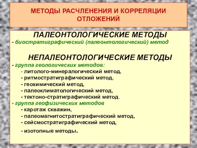 МЕТОДЫ РАСЧЛЕНЕНИЯ И КОРРЕЛЯЦИИ ОТЛОЖЕНИЙ ПАЛЕОНТОЛОГИЧЕСКИЕ МЕТОДЫ - биостратиграфический (палеонтологический)