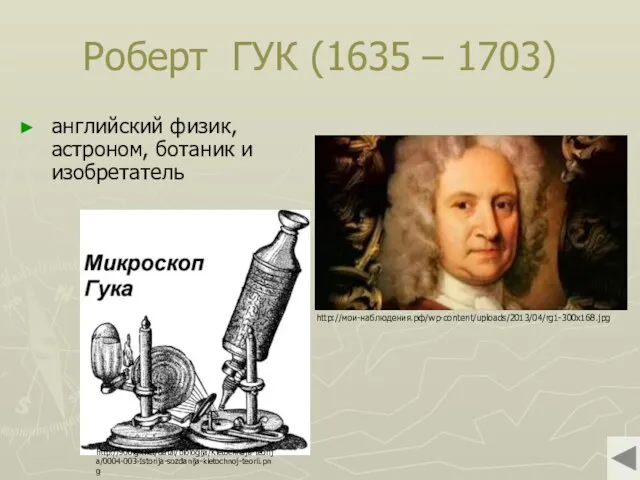 Роберт ГУК (1635 – 1703) английский физик, астроном, ботаник и изобретатель http://мои-наблюдения.рф/wp-content/uploads/2013/04/rg1-300x168.jpg http://900igr.net/datai/biologija/Kletochnaja-teorija/0004-003-Istorija-sozdanija-kletochnoj-teorii.png