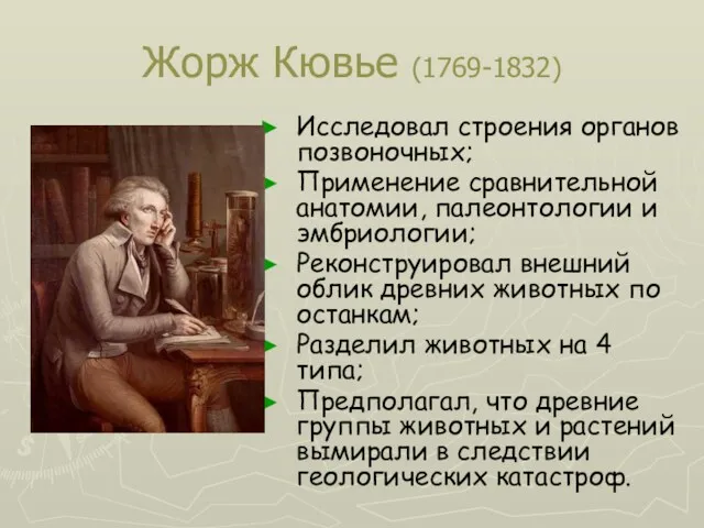 Жорж Кювье (1769-1832) Исследовал строения органов позвоночных; Применение сравнительной анатомии,