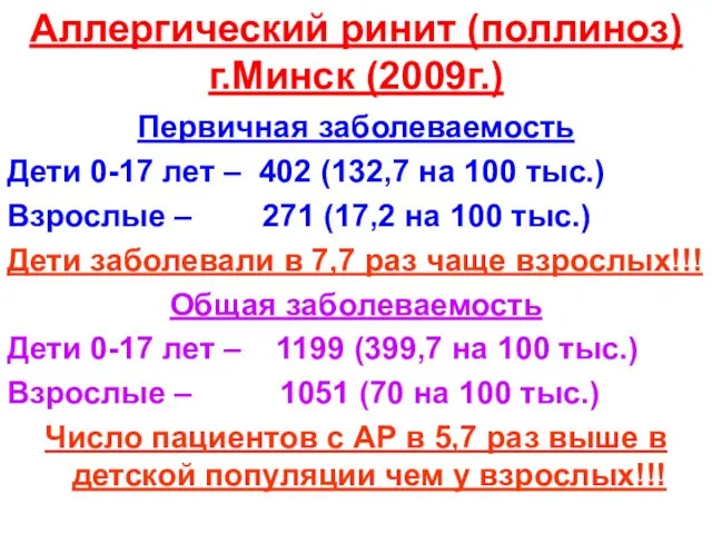 Аллергический ринит (поллиноз) г.Минск (2009г.) Первичная заболеваемость Дети 0-17 лет