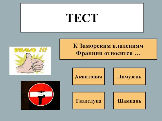 К Заморским владениям Франции относятся … Аквитония Лимузень Гваделупа Шампань ТЕСТ