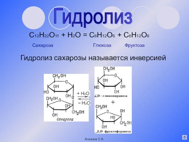 Гидролиз сахарозы называется инверсией C12H22O11 + H2O = C6H12O6 +
