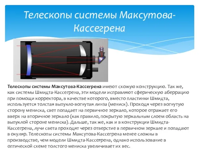 Телескопы системы Максутова-Кассегрена Телескопы системы Максутова-Кассегрена имеют схожую конструкцию. Так