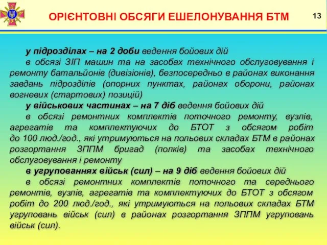 ОРІЄНТОВНІ ОБСЯГИ ЕШЕЛОНУВАННЯ БТМ 13 у підрозділах – на 2