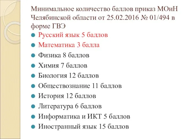 Минимальное количество баллов приказ МОиН Челябинской области от 25.02.2016 №