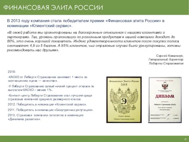 ФИНАНСОВАЯ ЭЛИТА РОССИИ В 2013 году компания стала победителем премии