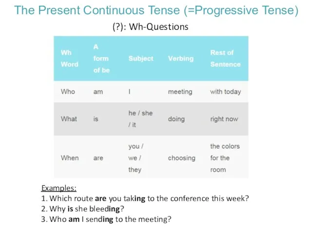 The Present Continuous Tense (=Progressive Tense) Examples: 1. Which route
