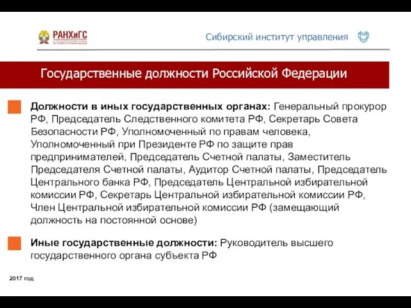 Государственные должности Российской Федерации 2017 год Должности в иных государственных