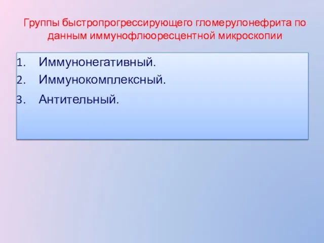 Группы быстропрогрессирующего гломерулонефрита по данным иммунофлюоресцентной микроскопии Иммунонегативный. Иммунокомплексный. Антительный.