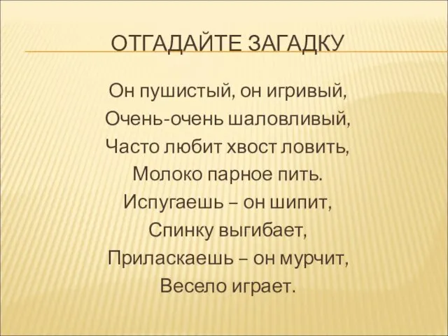 ОТГАДАЙТЕ ЗАГАДКУ Он пушистый, он игривый, Очень-очень шаловливый, Часто любит